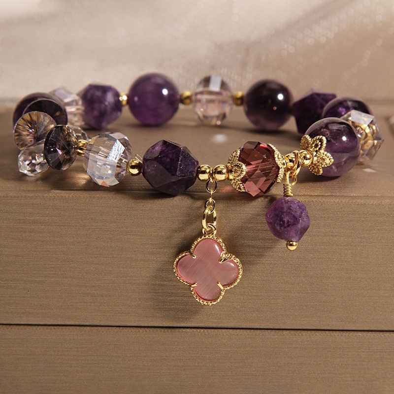Natural Crystal Purple Phantom Bracelet | Natural Amethyst Bracelet | Purple Round Bead Adjustable for 4 Shape Choice