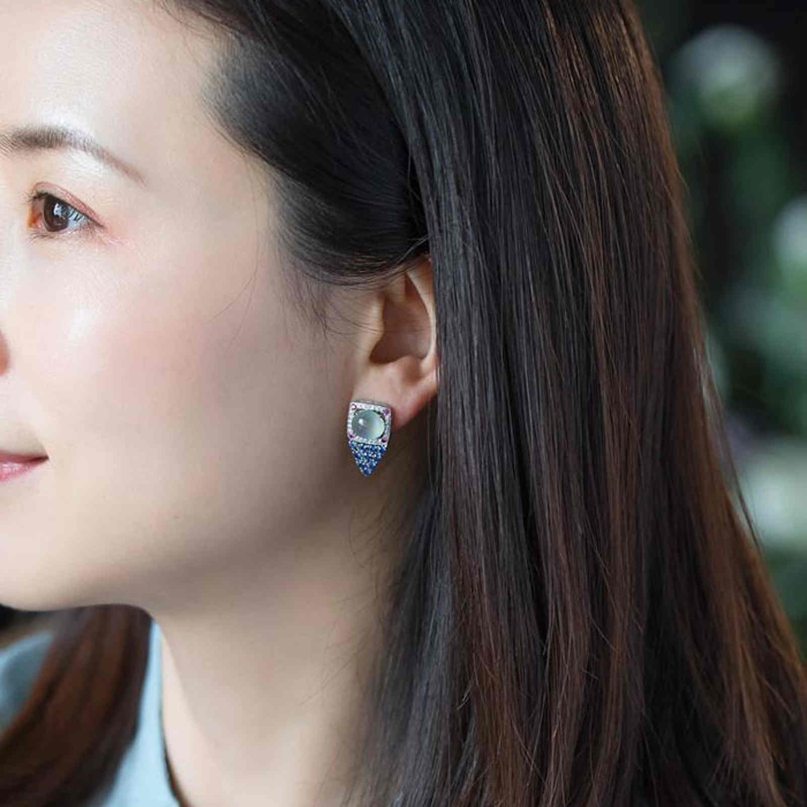 Pendientes de borla de cristal azul con piedra lunar, pendientes estilo dinero antiguo con pasador de plata