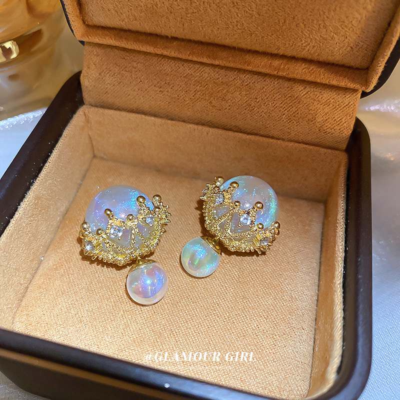 Moonstone Earring Studs 2 Side Opal Earrings Gold Settings and Silver Pin