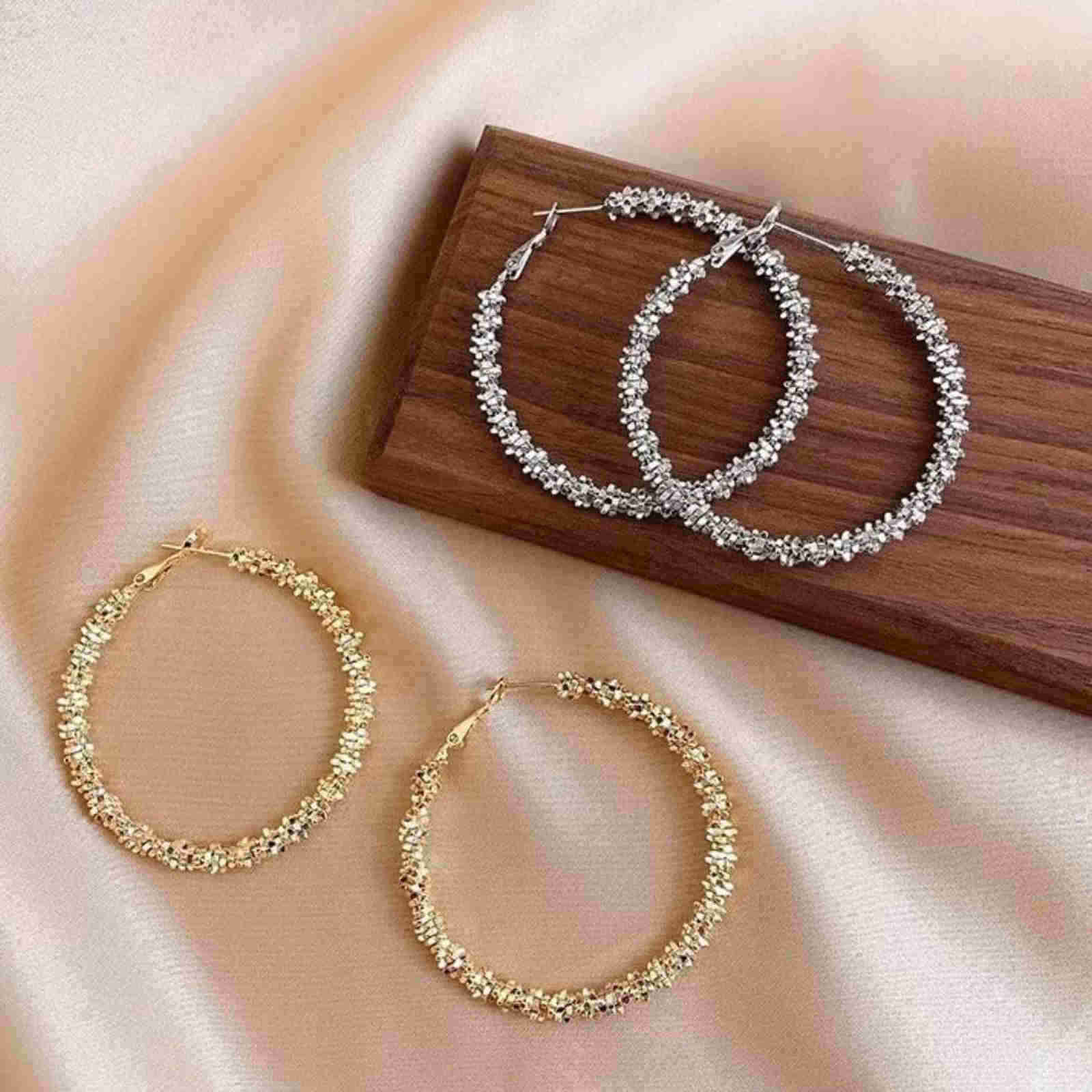 Gold and Silver Hoop Earrings Shiny Beads Hoop Earrings with Silver Pin 3 Sizes