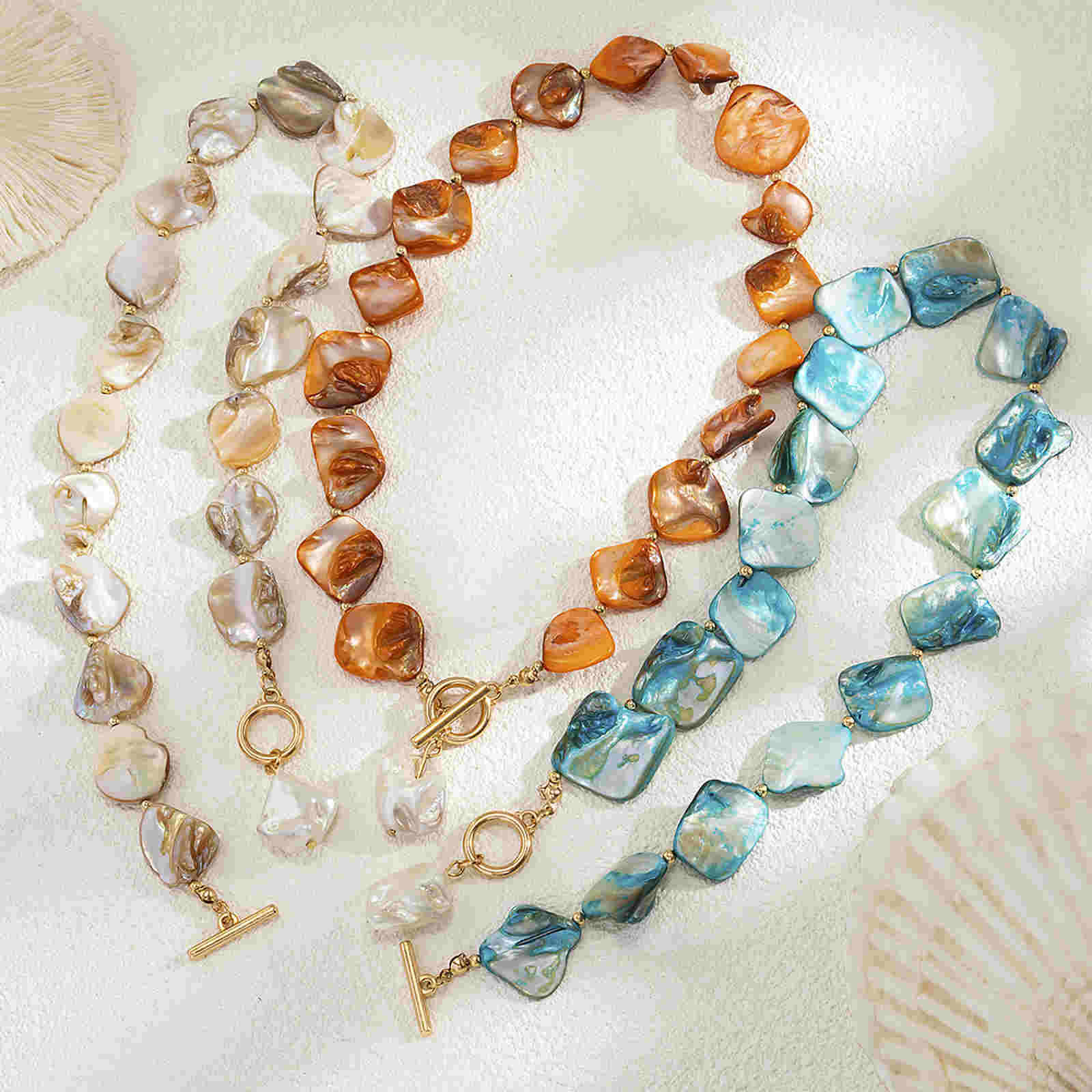 Collier de coquillages irréguliers, grand collier de coquillages naturels, collier de style épais avec fermoir OT en or