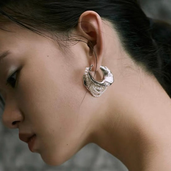 Super Big Hoop Earrings with Pearls Silver Chunky Huggie Designed Earrings