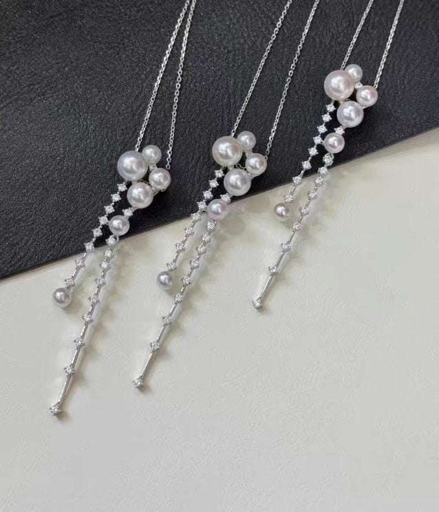 Freshwater Pearl Pendant Necklace Big Crystal Glossy Pearl Pendant Silver Chain 45cm