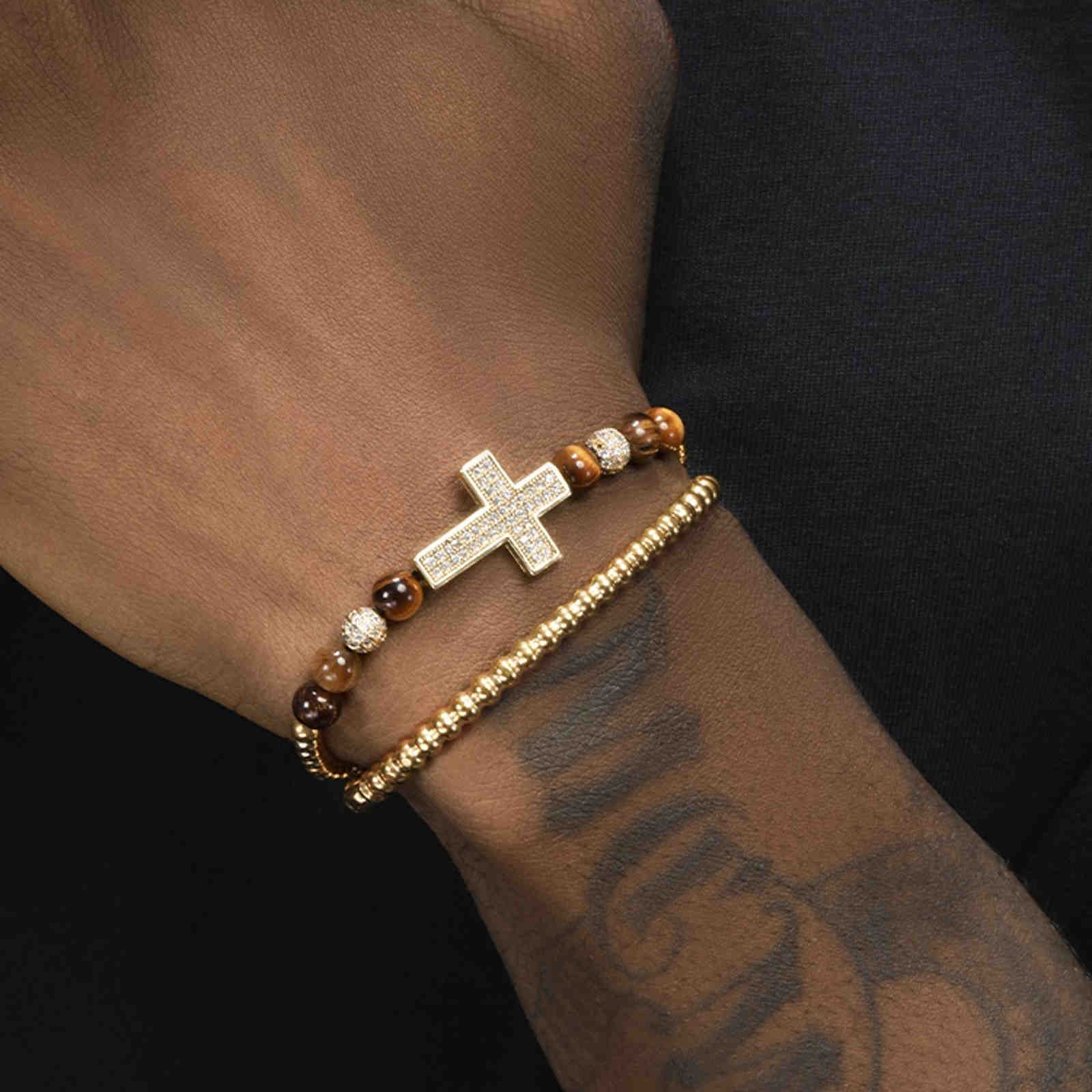 Hip-Hop Zircon Bracelet Tiger Eye Stone Bracelets Zircon Cross Bracelet
