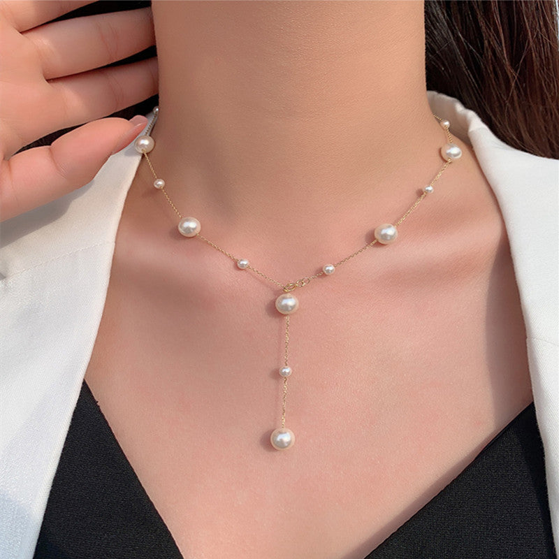 Scattered Pearl Necklace Tin Cup Pearl Necklace with Gold And Silver Rope