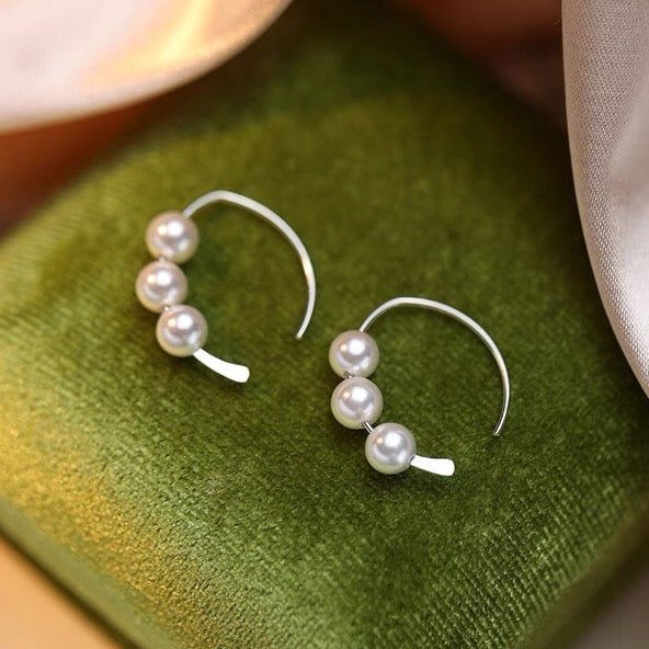 Sterling Silver Earrings Elegant 3 Pearl Drop Hoop Earrings S925 Silver