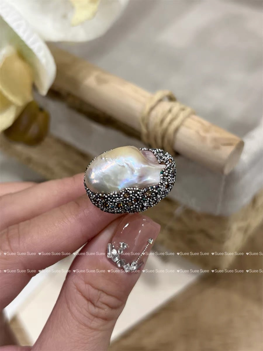 AAAA Natural Baroque Pearl Ring Size Adjustable Glitter Royal Style Ring 12mm Big Real Pearl Ring