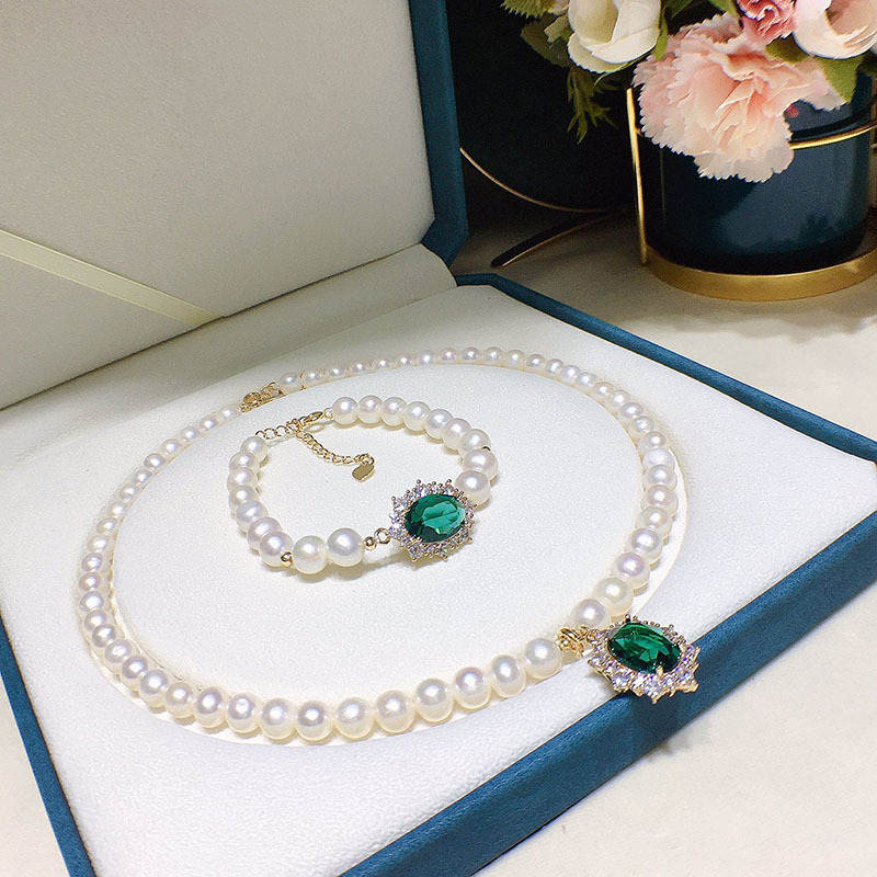 Collar de perlas naturales de agua dulce de 8MM, conjunto de pulsera, colgante de circón verde