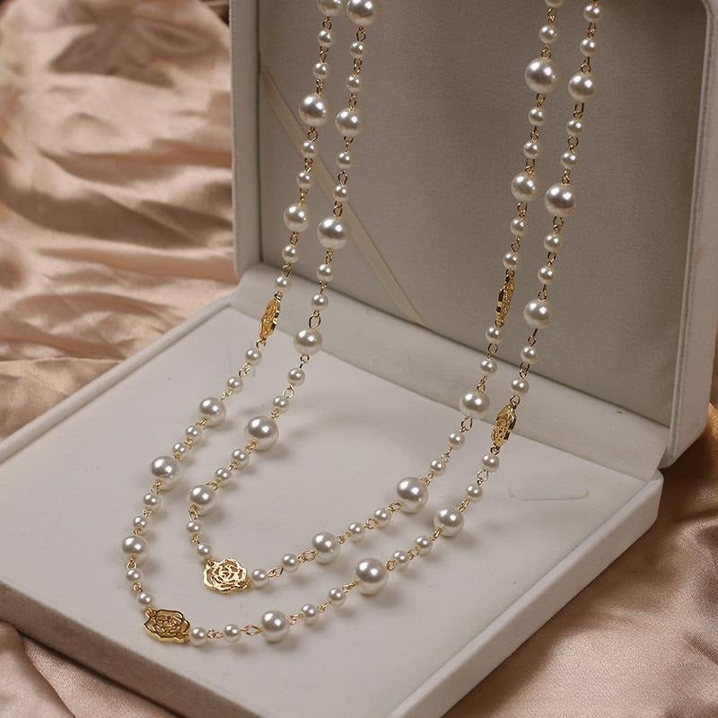 2 Strands Dress Chain Sweater Chain Long Pearl and Clover Necklace