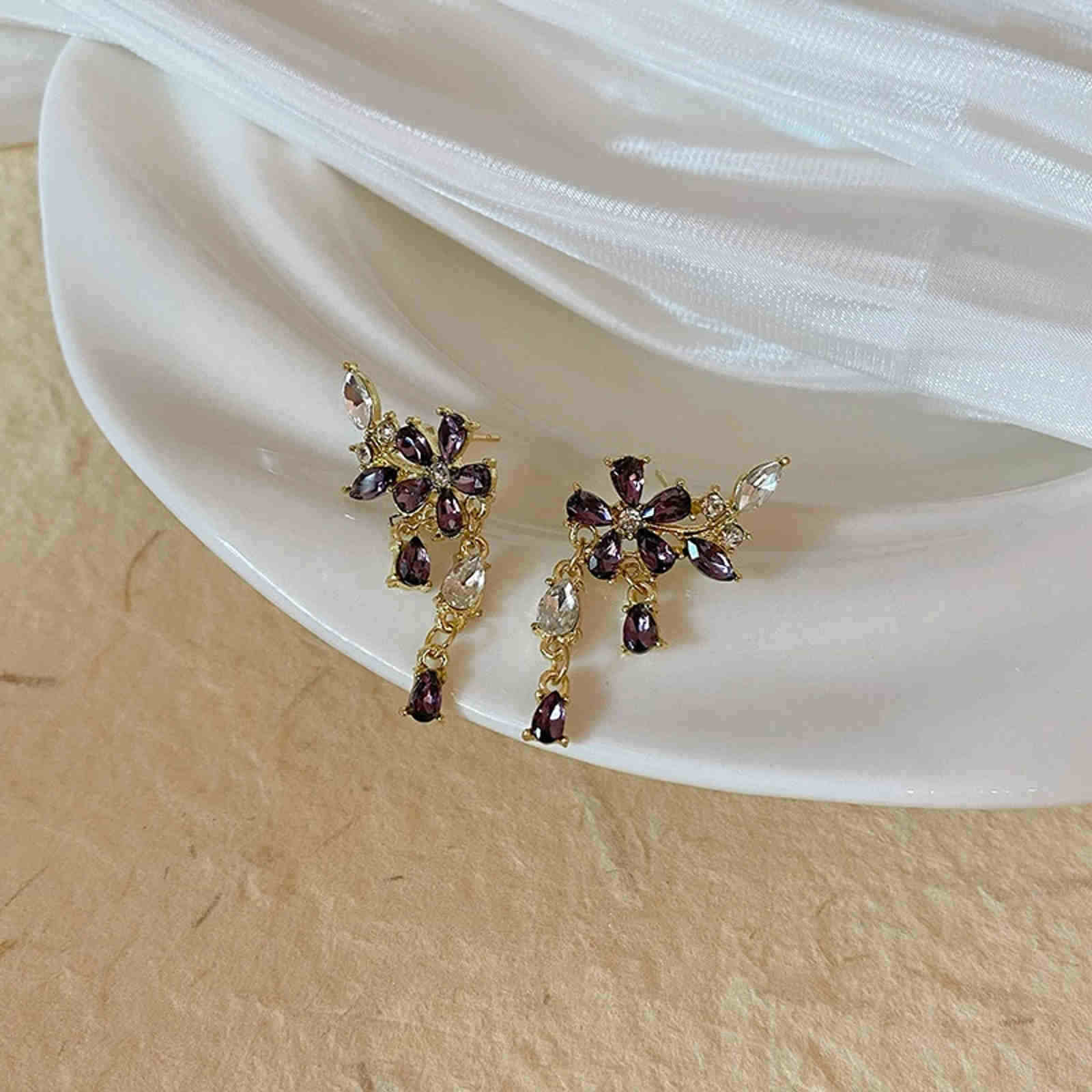 Crystal Flower Stud Earrings Super Shiny Purple Diamond Tassel Earrings