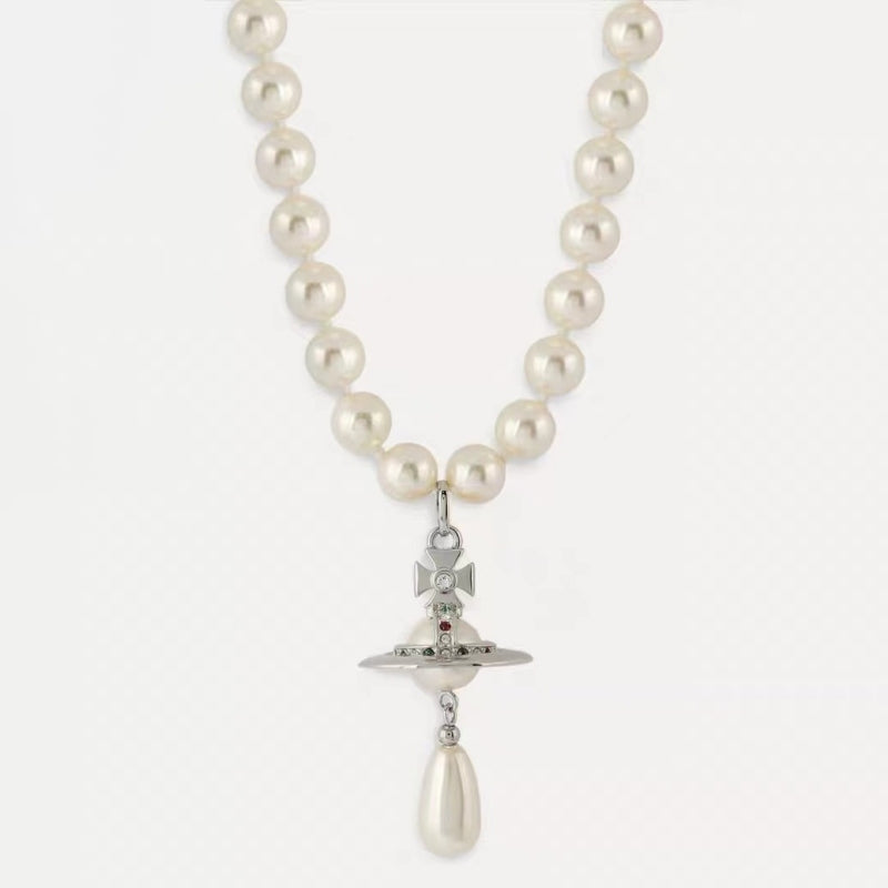 Shell Pearl Necklace with Saturn Pendant Pearl Drop Gold And Silver Avaliable
