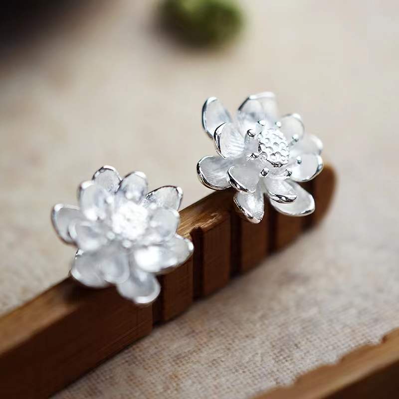 Pure Sterling Silver Lotus Stud Earrings Elegant Solid 999 Silver Stud