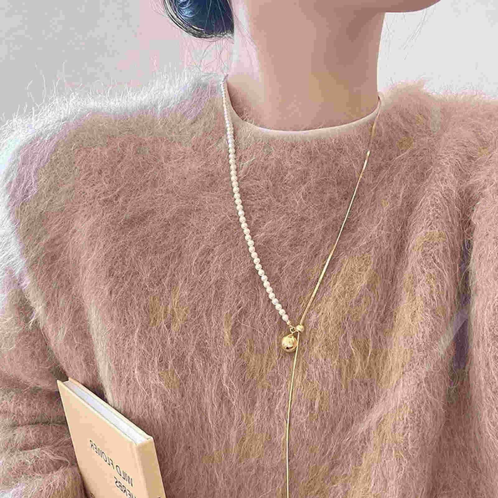 New Pearl Sweater Chain Long Free Adjust Gold and Silver Drop Necklace