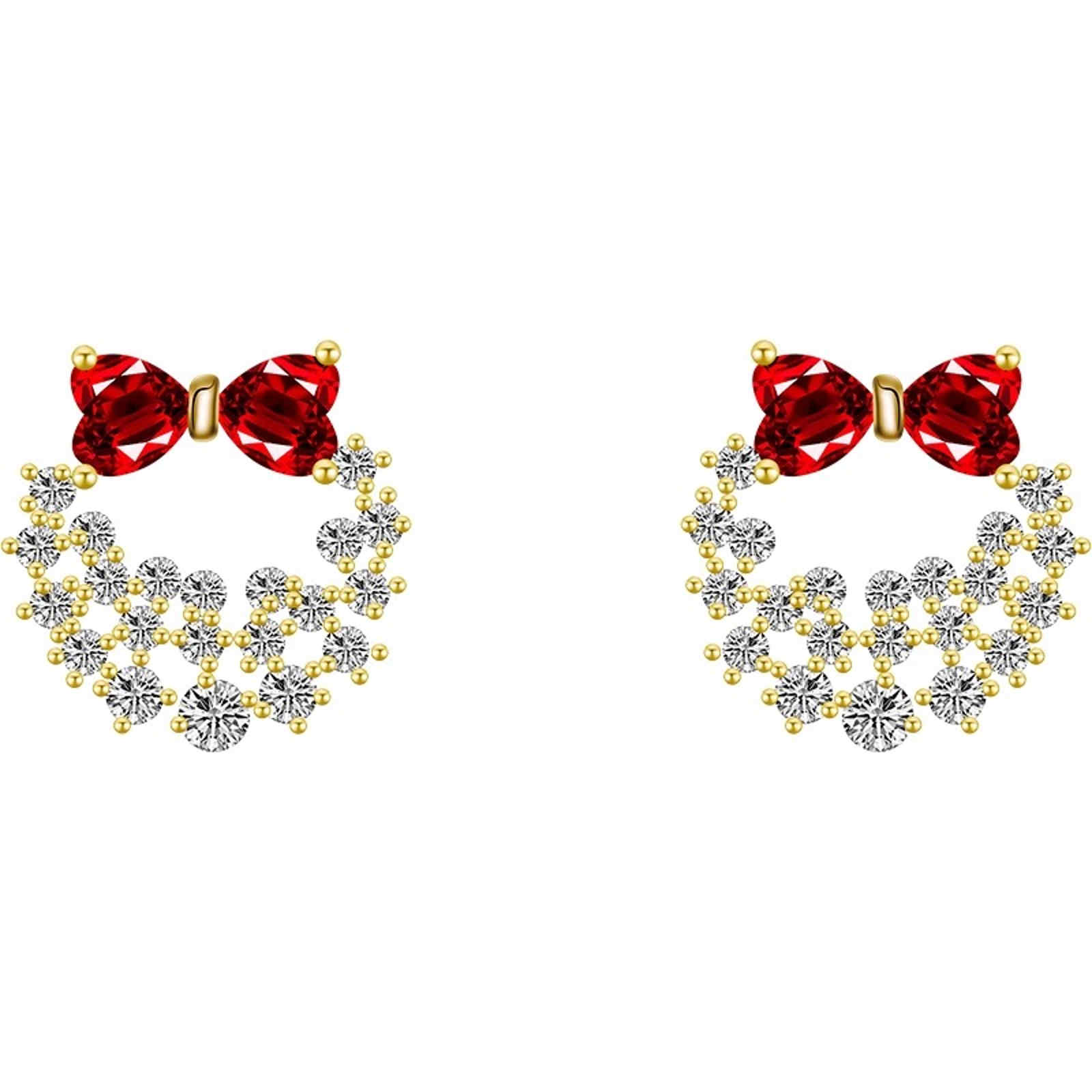 Xmas Crystal Earrings Bow and Wreath Designed Earring Studs with Silver Pin