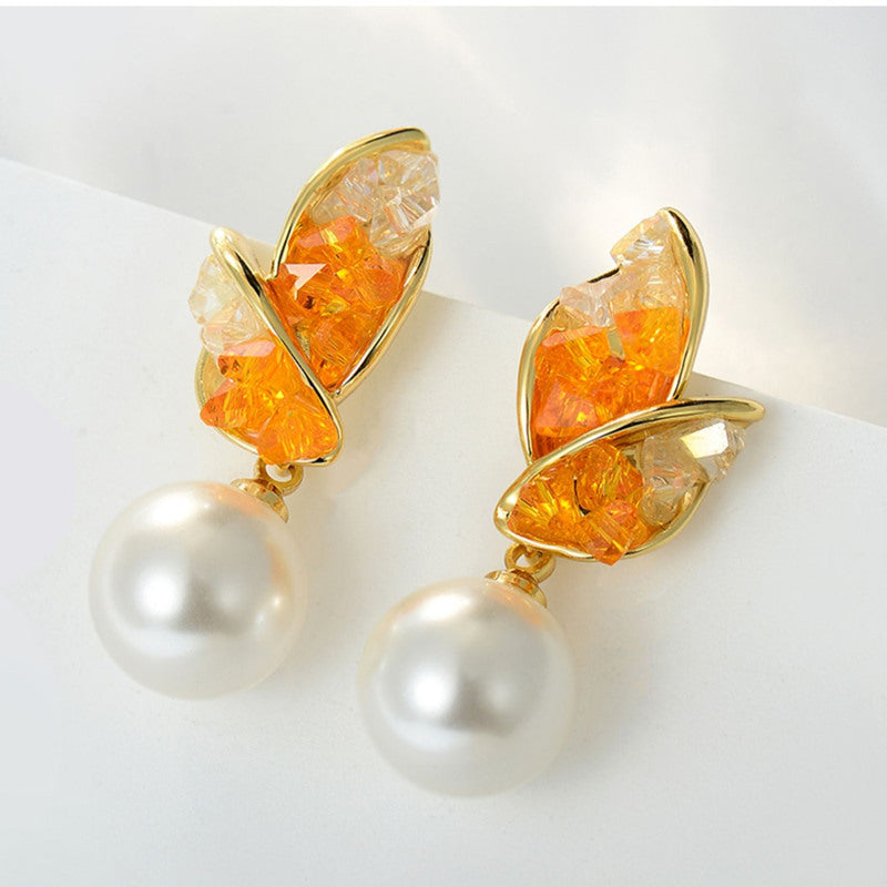 15MM Large Pearl Earrings Green Orange Crystal Leaf Shaped Earrings with S925 Silver Pins
