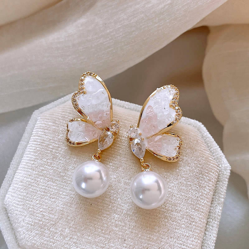 Pendientes de perlas de 10MM Pendientes colgantes de perlas de mariposa de temperamento simple para niña