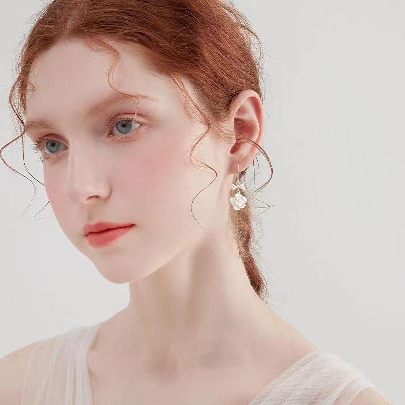 Gold Camellia Pearl Bracelet and Earrings | Double Strand Bracelets | Bow Earrings in 14K Gold Plated