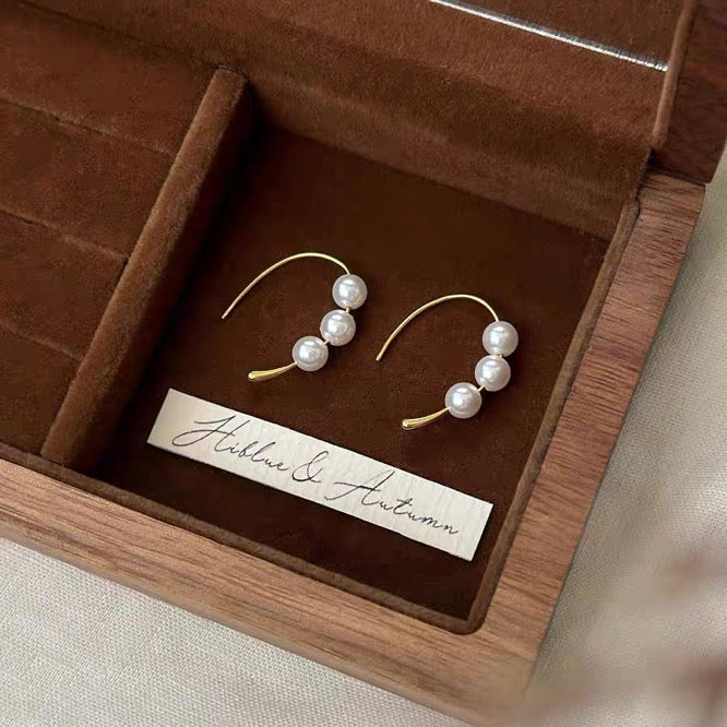 Sterling Silver Earrings Elegant 3 Pearl Drop Hoop Earrings S925 Silver