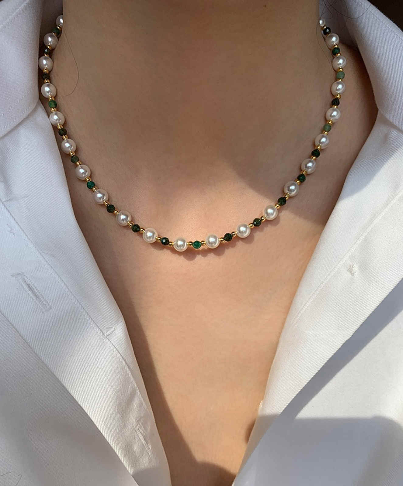 Shell Pearl with Natural Green Stone Necklace Double Layer Necklace