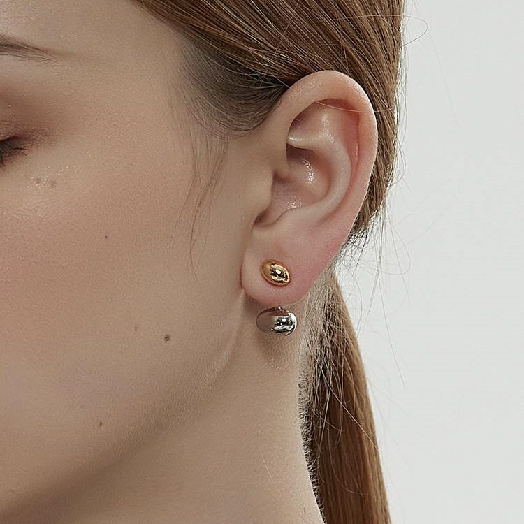 Chaquetas con pendientes de frijol dorado y plateado Pendientes colgantes delanteros y traseros con vibración metálica con pin de plata S925