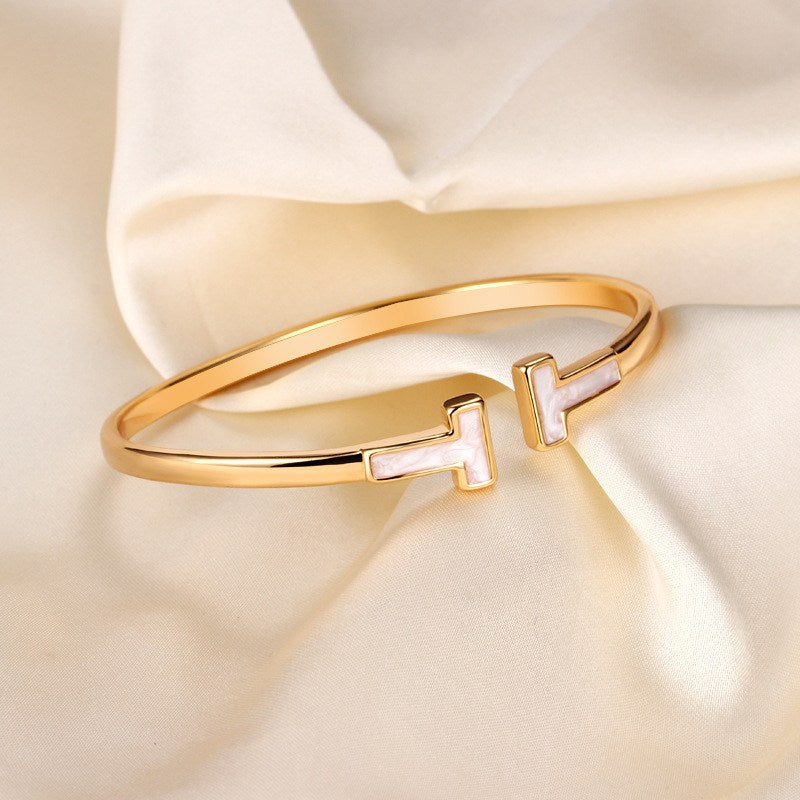 Double T White Mother of Pearl Bangle Classic 14K Gold Plated Bracelet