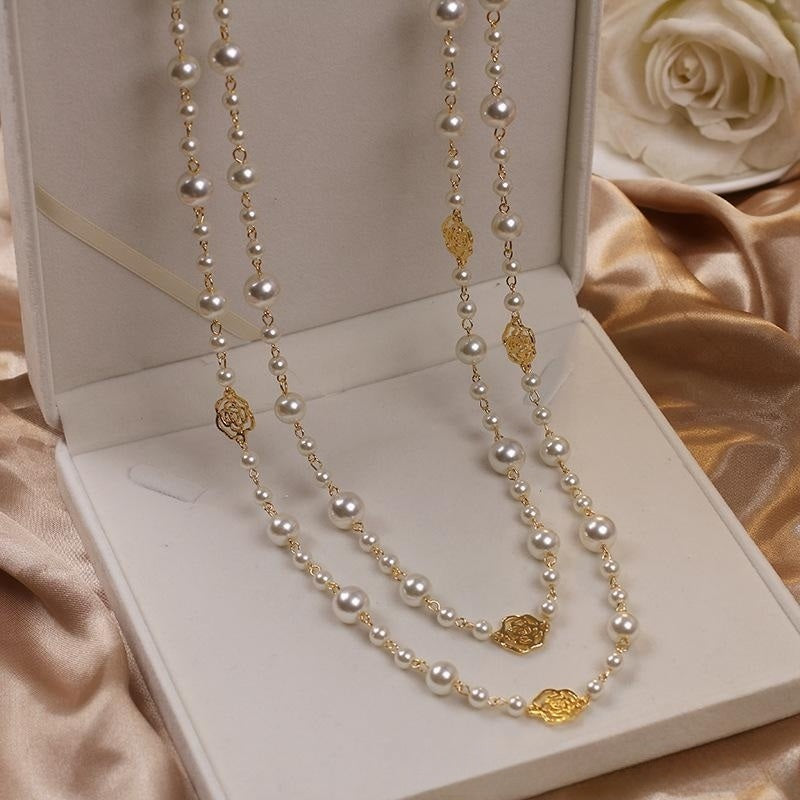 2 Strands Dress Chain Sweater Chain Long Pearl and Clover Necklace