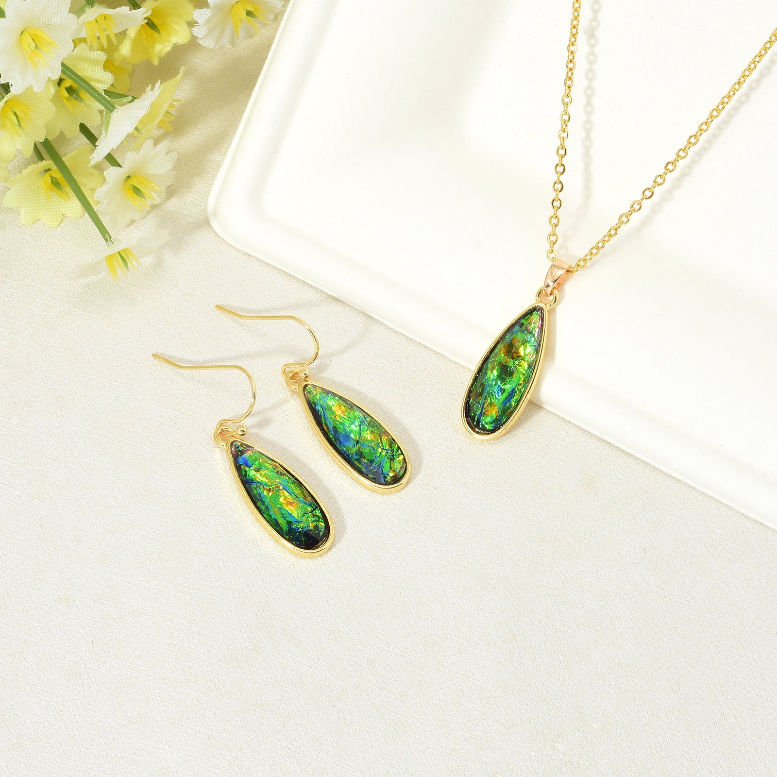 Opal Jewelry Set Oil Paint Vibe Earrings and Necklace Set Gold Chain with Blue and Green Opal Pendant