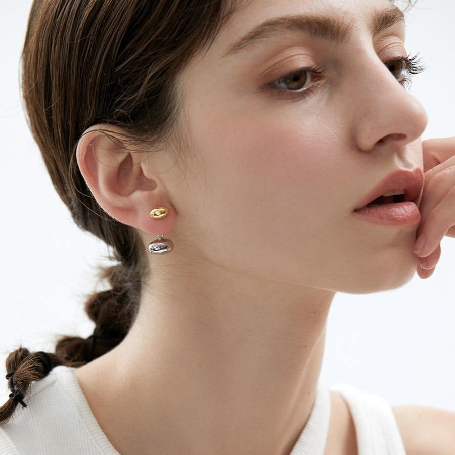 Chaquetas con pendientes de frijol dorado y plateado Pendientes colgantes delanteros y traseros con vibración metálica con pin de plata S925