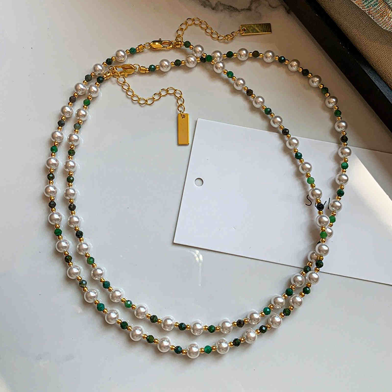 Shell Pearl with Natural Green Stone Necklace Double Layer Necklace