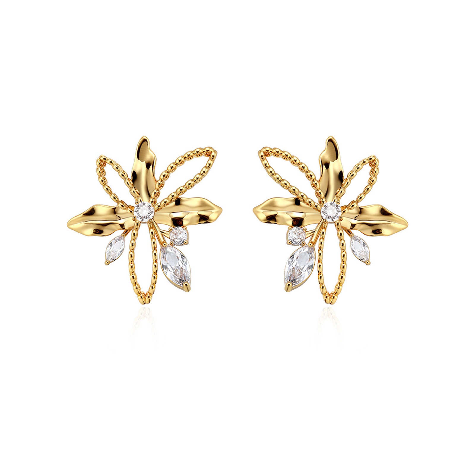 Gold Flower Stud Earrings Chic Crystal Lily Earrings Studs with S925 Silver Pin