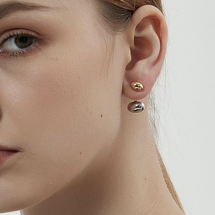 Chaquetas con pendientes de frijol dorado y plateado Pendientes colgantes delanteros y traseros con vibración metálica con pin de plata S925