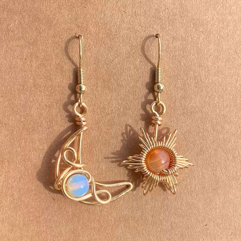 Asymmetrical Bohemian Earrings Moonstone Drop Earrings in Sun and Moon Design