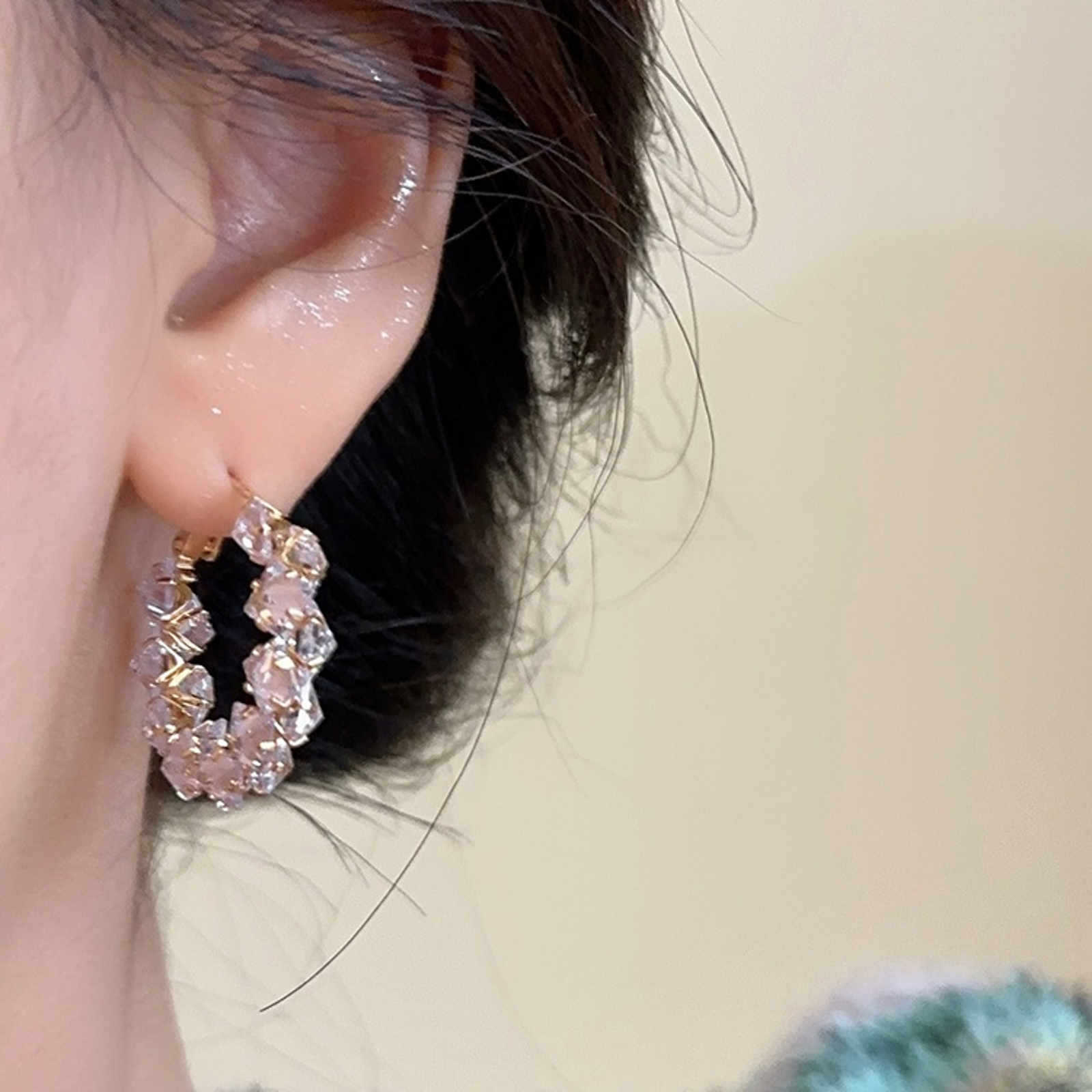 Grandes boucles d'oreilles créoles en cristal et diamants scintillants avec broches en argent S925