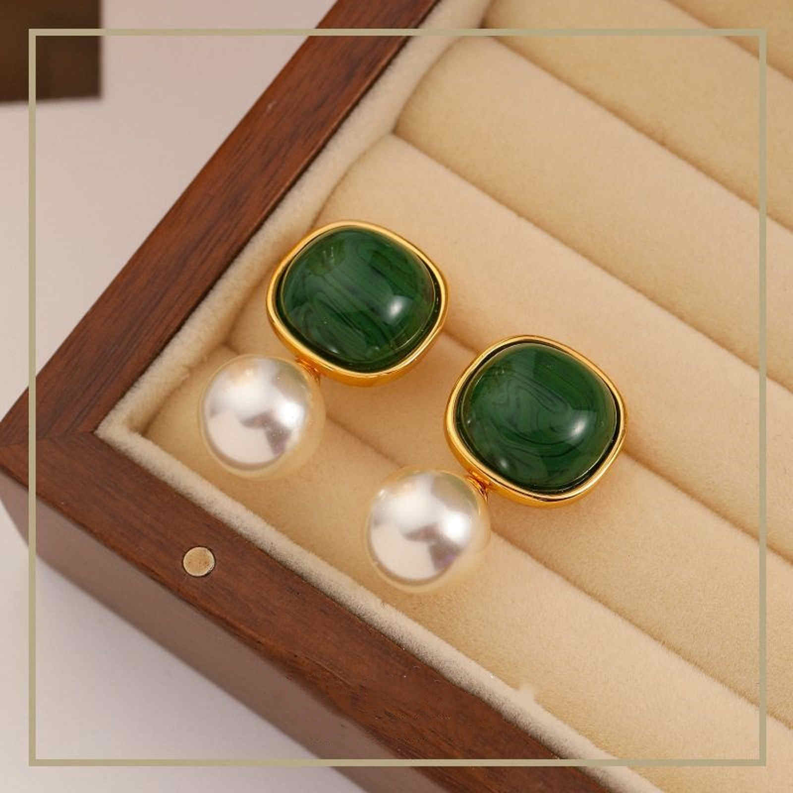 Vintage Style Pearl Drop Earrings Classic Green with 10mm Pearl Earrings Silver Pin