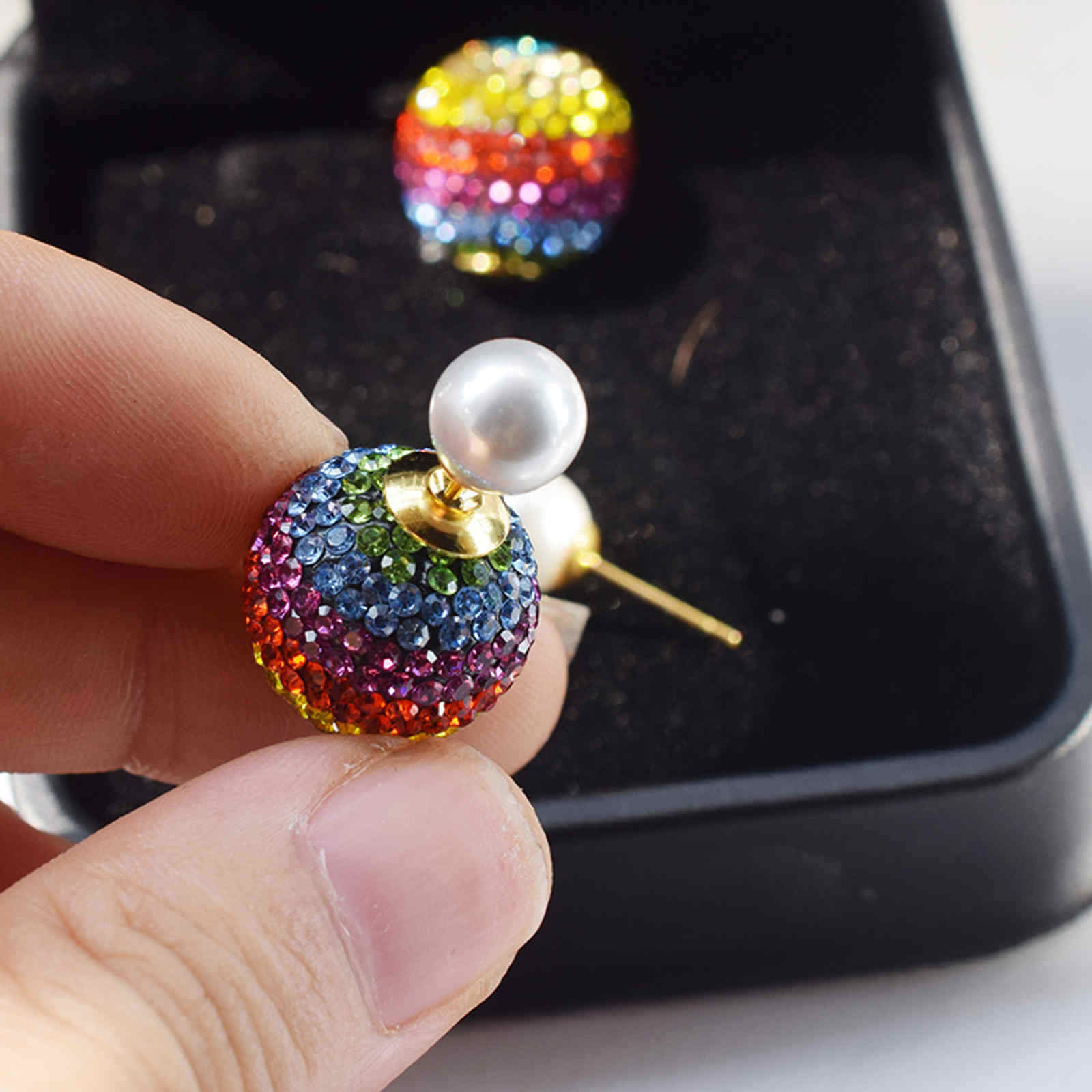 Colorful Crystal Ball Earring Double Zircon Ball Drop Earrings with S925 Silver Pins