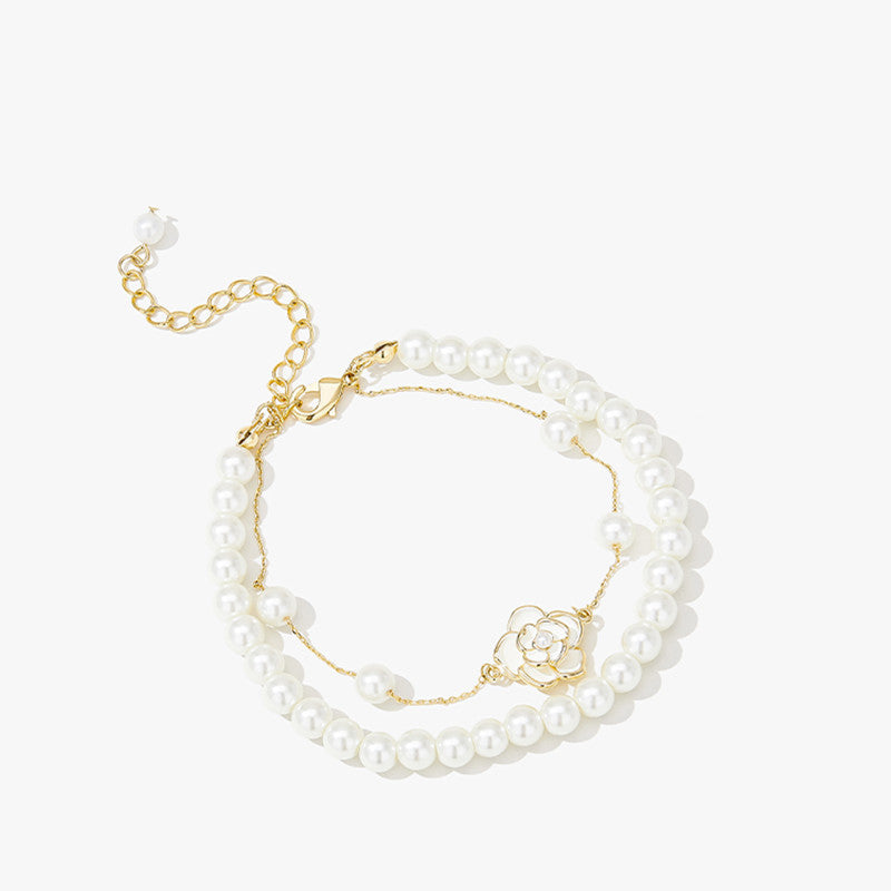 Gold Camellia Pearl Bracelet and Earrings | Double Strand Bracelets | Bow Earrings in 14K Gold Plated