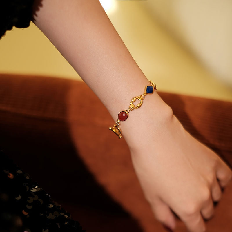Designed Gold Bracelet Colored Stone and Zircon Bracelet with OT Clasp