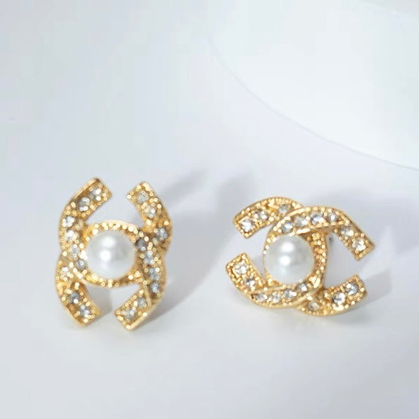 Pearl and Diamond Earrings | Gold Plated Stud Earrings | CC Pearl Earrings