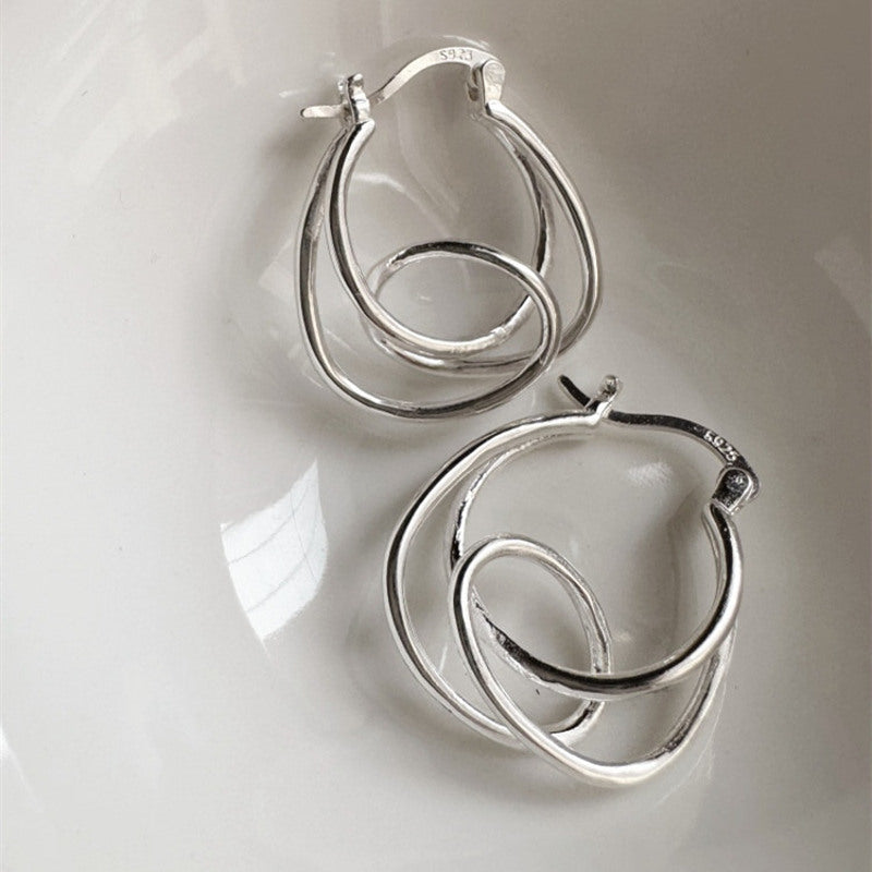 S925 Silver Freeform Hoop Earring | Irregular Hoop Silver Earrings | Large Silver Hoop Circle Earrings