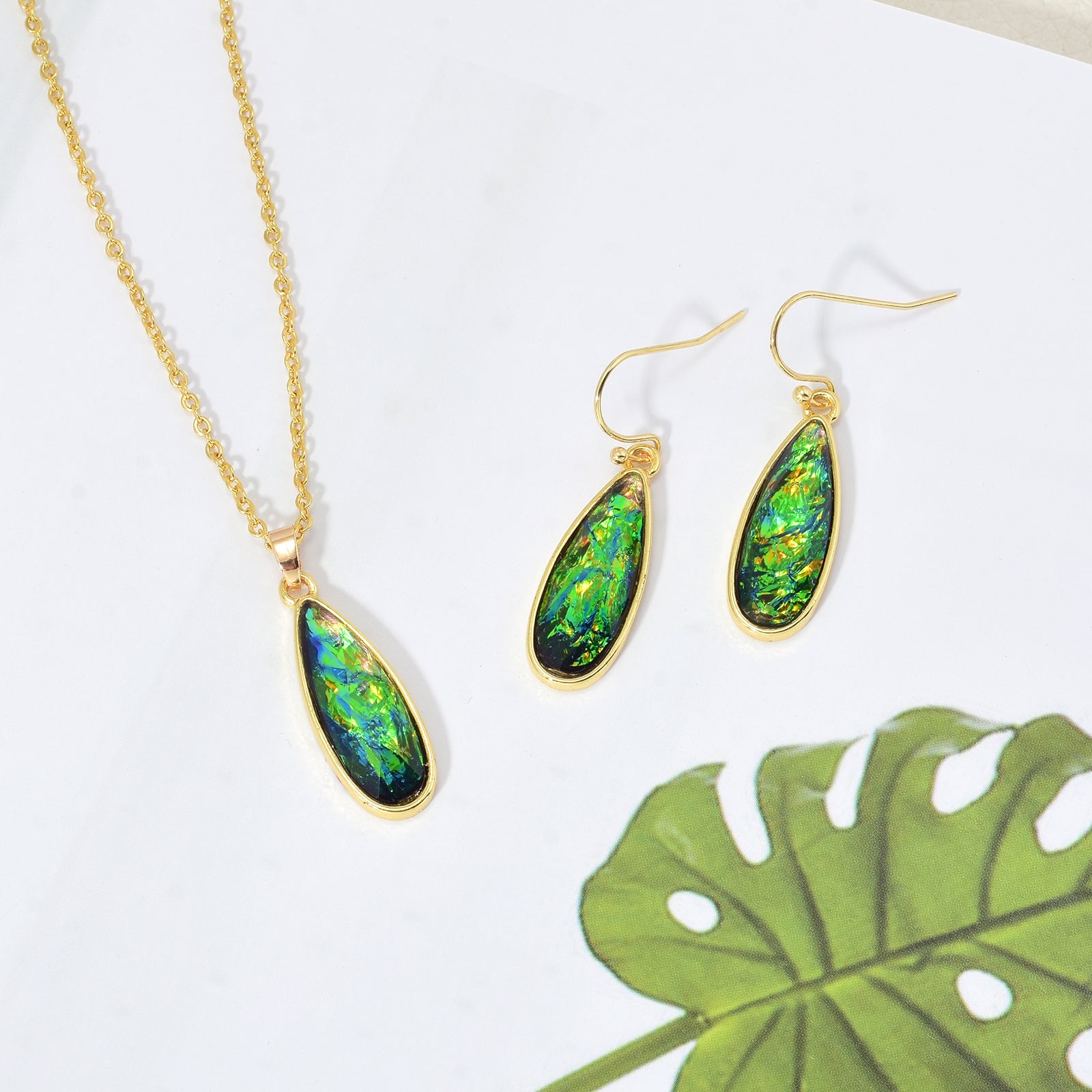 Opal Jewelry Set Oil Paint Vibe Earrings and Necklace Set Gold Chain with Blue and Green Opal Pendant