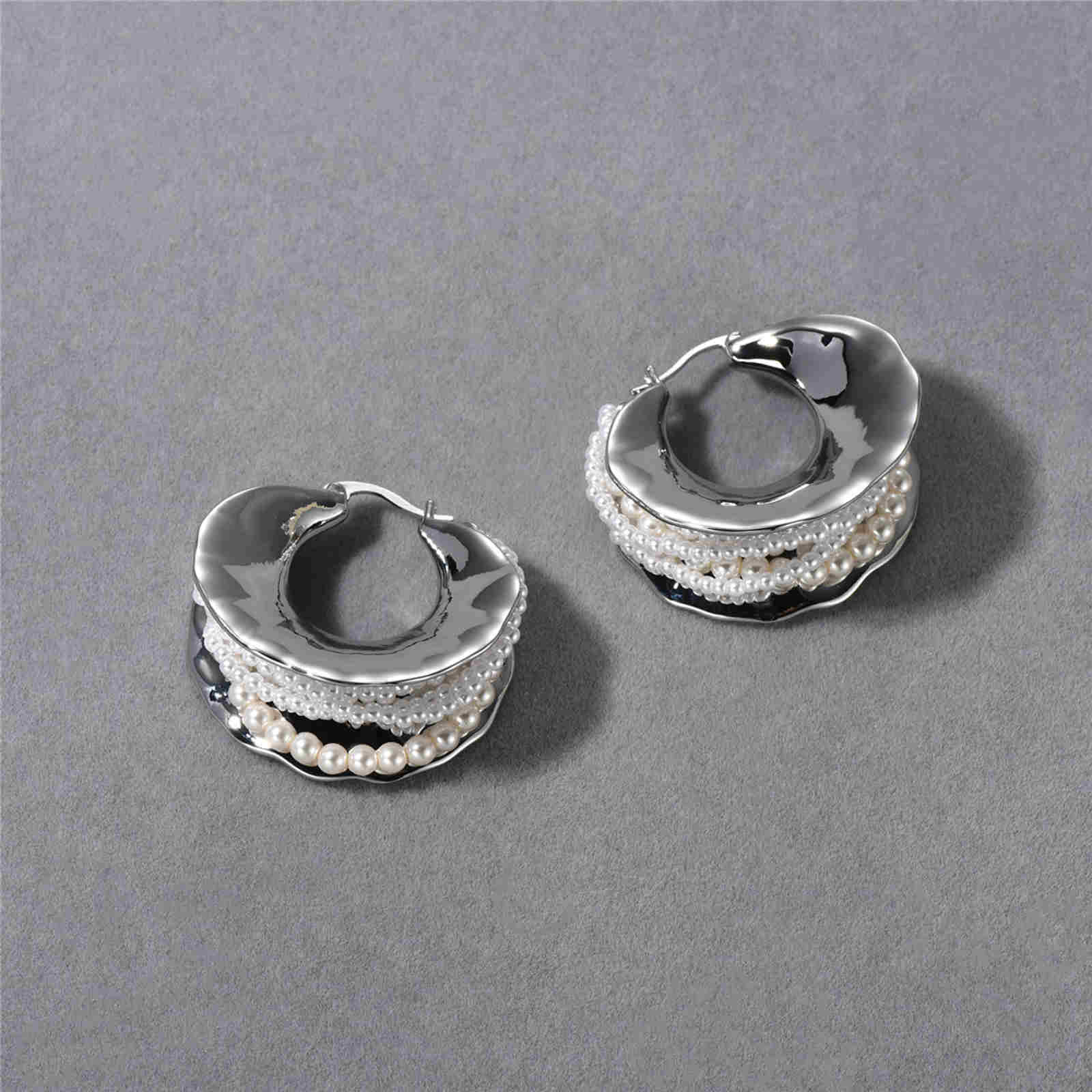 Super Big Hoop Earrings with Pearls Silver Chunky Huggie Designed Earrings