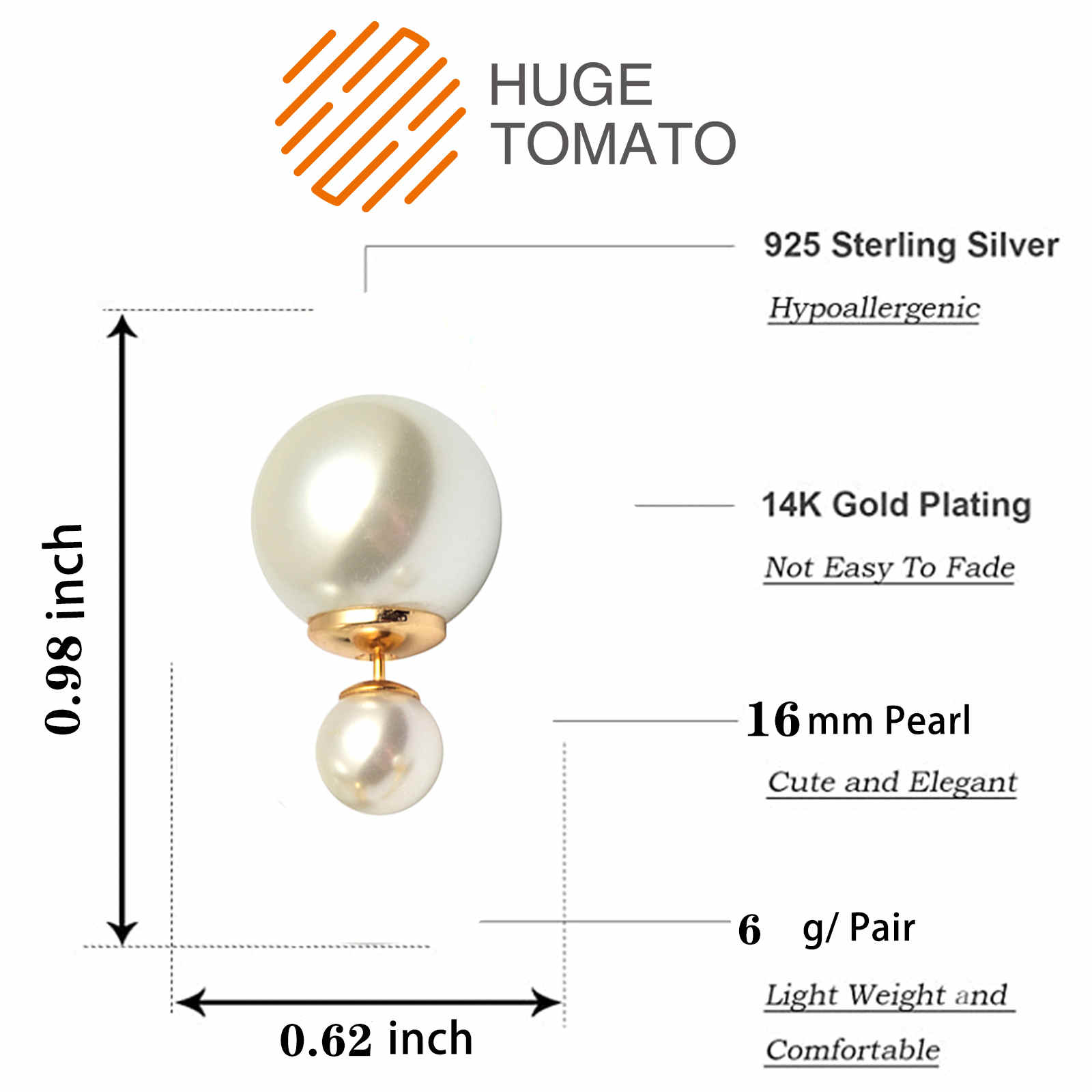 Elegant 2-Sided Round Pearl Earrings with S925 Silver Pin 8mm and 14mm