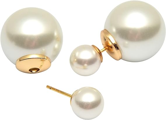 Elegant 2-Sided Round Pearl Earrings with S925 Silver Pin 8mm and 14mm