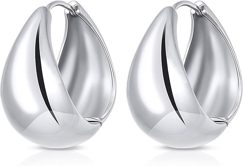 Chunky Hoop Earrings in 18K Gold Plated and Silver | Teardrop Gold Huggie Earrings and Sliver Huggie Earrings