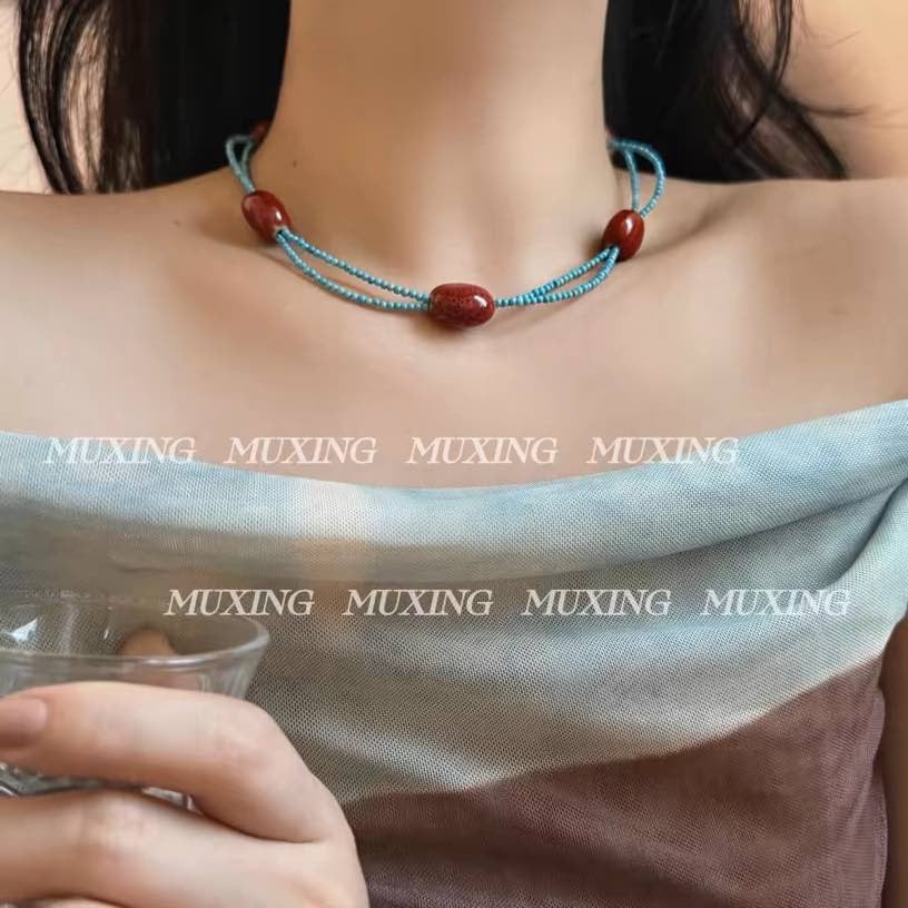 Multi Strand Turquoise Necklace Designed Natural Red Stone with Turquoise 2 Strands Chain 18 inch