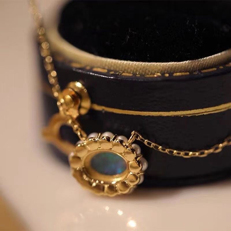 Opal Necklace Pendant Pearl Surrounded with Rose Gold Chain 45cm