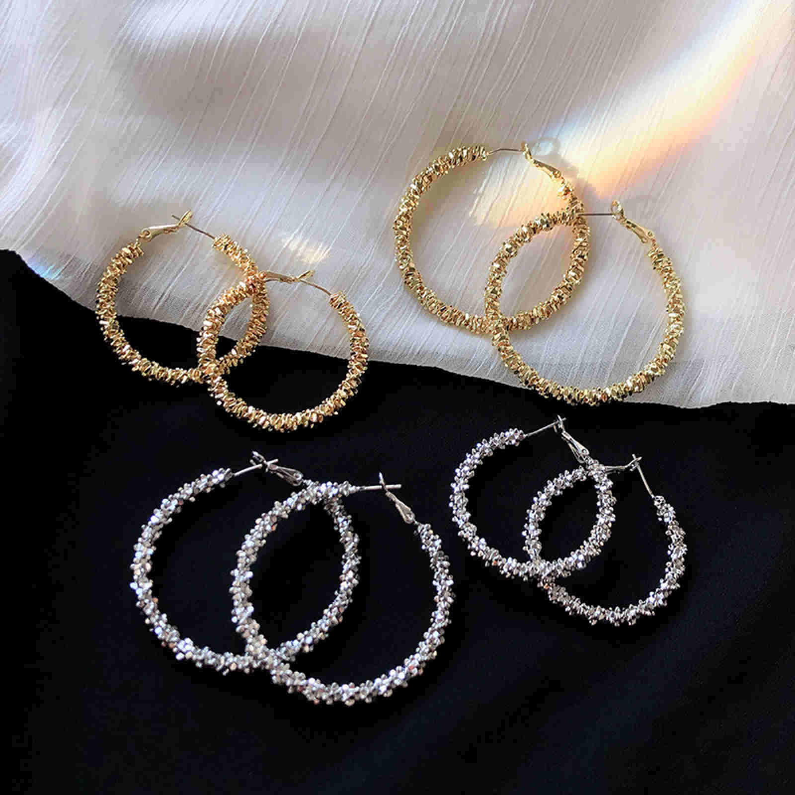 Gold and Silver Hoop Earrings Shiny Beads Hoop Earrings with Silver Pin 3 Sizes
