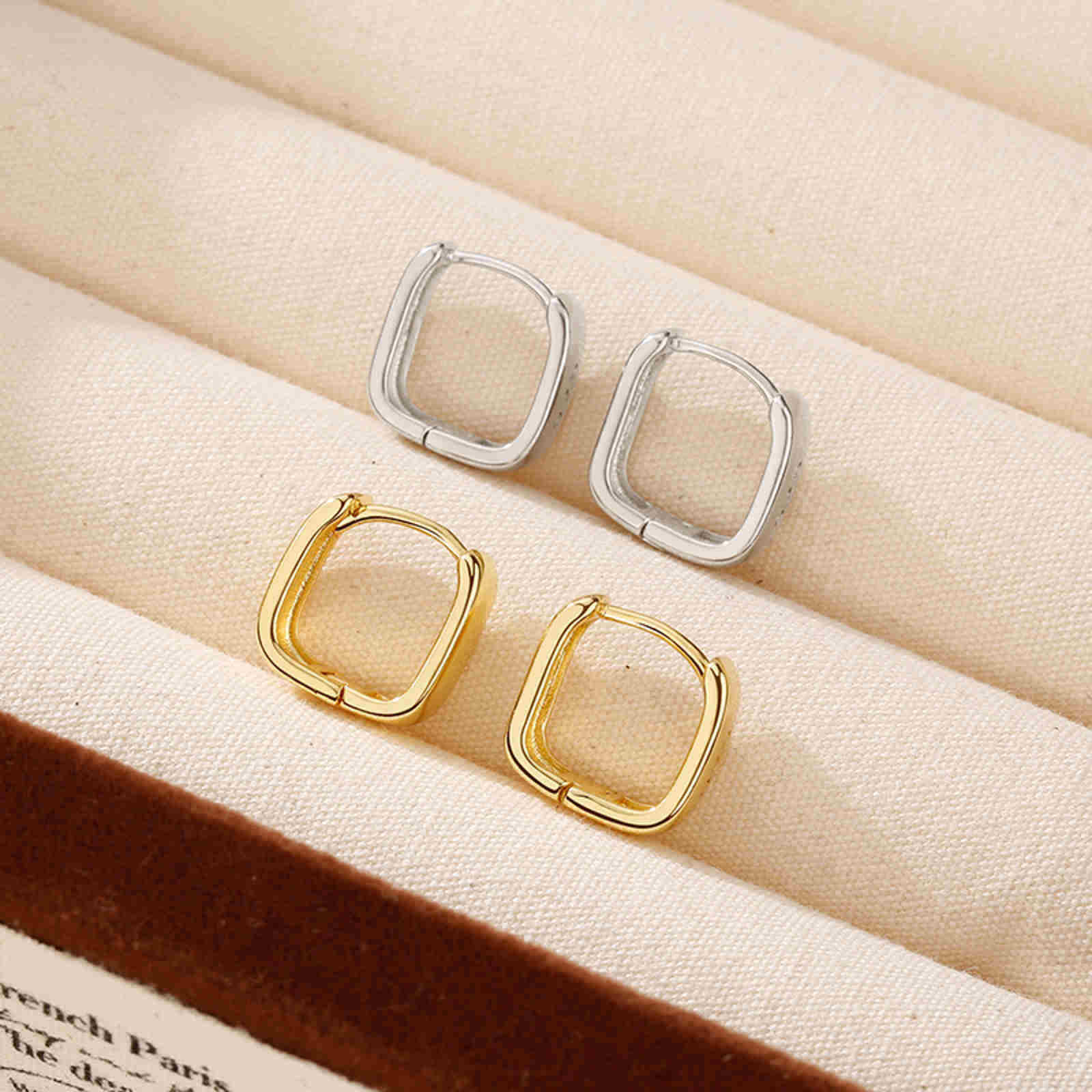 Gold and Silver Hoop Earrings Small Square Huggie Hoops 14K Gold Plated Chunky Earrings