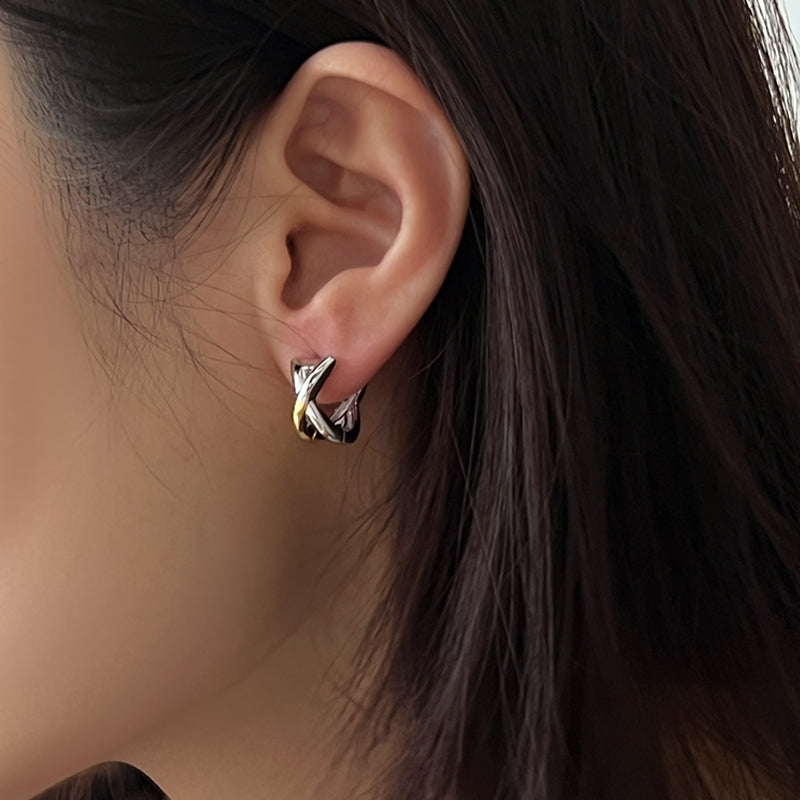 X Shape Gold & Silver Hoop Earrings Small Chunky Cross Earrings for Men and Women