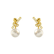 Bowknot Design Pearl Drop Earrings Cubic Zirconia 14K Gold Plated Pearl Earring with S925 Silver Pin